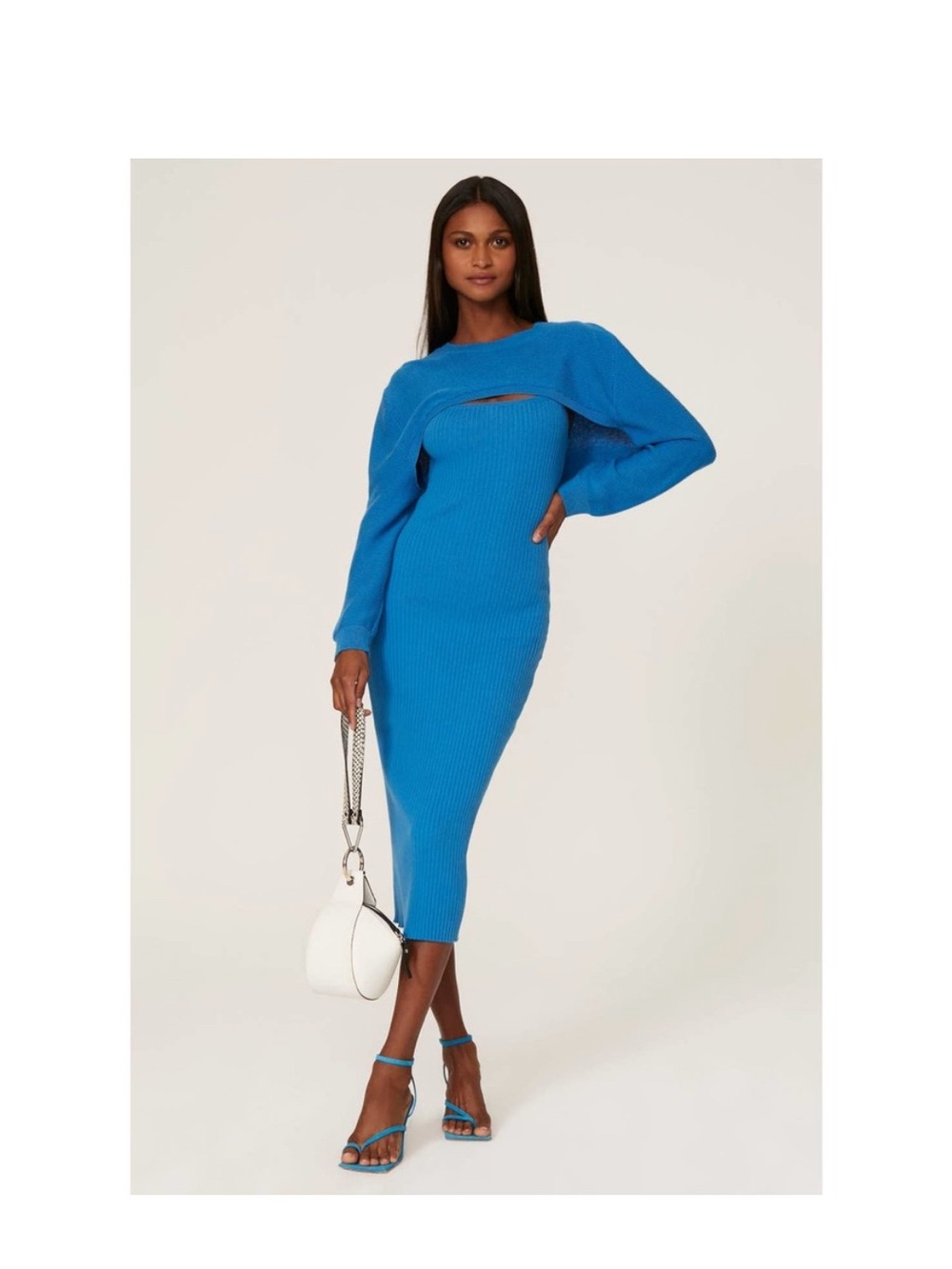 Line & Dot Cobalt Blue Ribbed Midi Dress with Overlay Cutout